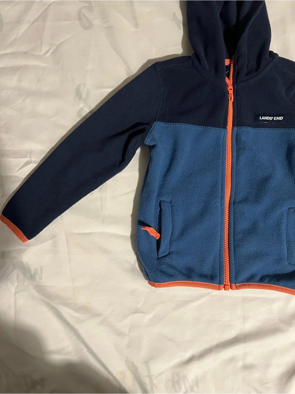 Lands' End Kids Navy and Blue Hooded Fleece Zip Jacket with Orange Trim Size 3T